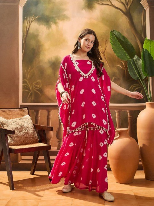 Bandhej Printed Kaftan & Tube Top With Sharara